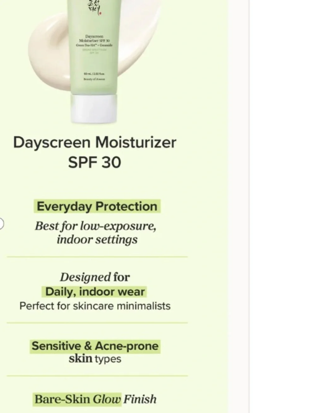 BEAUTY OF JOSEON Green Tea-HA Sunscreen Moisturizer SPF 30